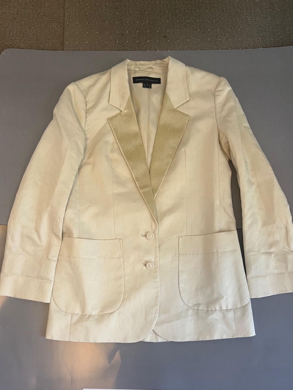 French Connection Cream Linen Blend Blazer with Gold Sequin Lapels - EUC